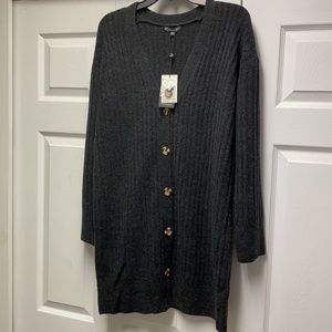Adrianna Papell Long Button Up V-Neck Rib Cardigan